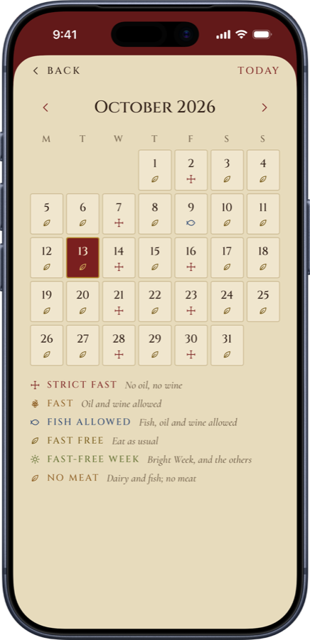 The calendar showing the fast for each day of the month