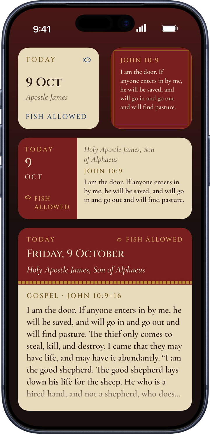 Home-screen widgets showing the date, the fast and a verse of the Gospel